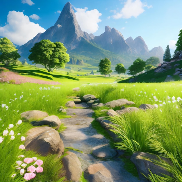 A painting of a path in a field with mountains in the background.