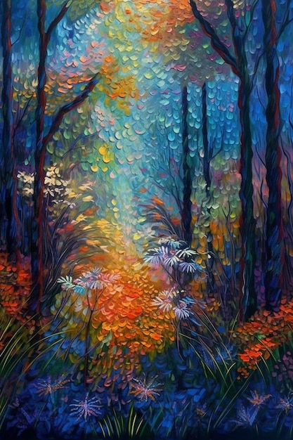 A painting of a path in a forest with a blue sky and orange flowers.