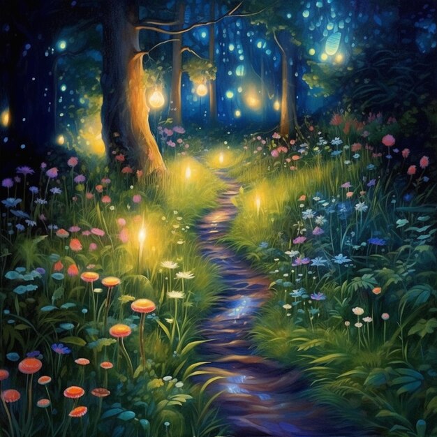 painting of a path in a forest with fireflies and flowers generative ai