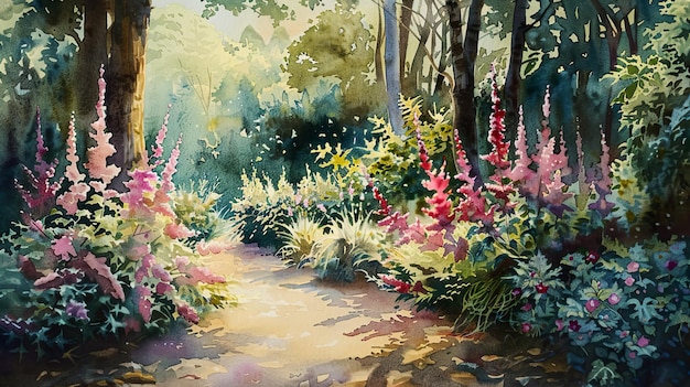 a painting of a path in a forest with flowers