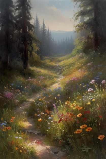 A painting of a path leading to a forest with a mountain in the background.