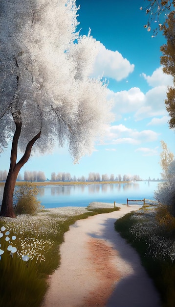 Painting of a path leading to a lake generative ai