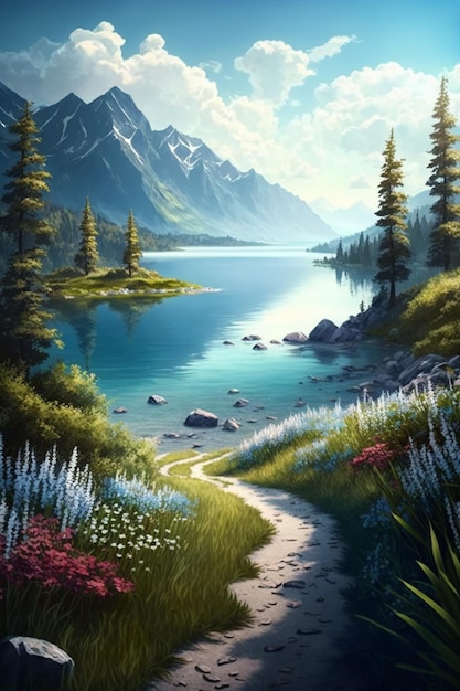 Painting of a path leading to a mountain lake generative ai