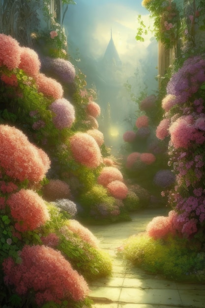 A painting of a path leading to a mountain with flowers.