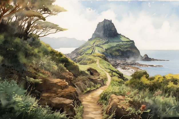 A painting of a path leading to a mountain with a lighthouse in the background.