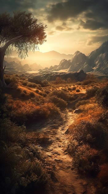 A painting of a path leading to a mountain.