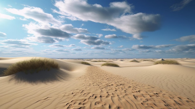 A painting of a path leading to the ocean on a sandy beach under