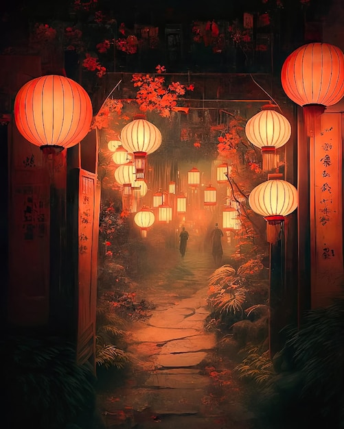 A painting of a path leading to a path with lanterns on it.