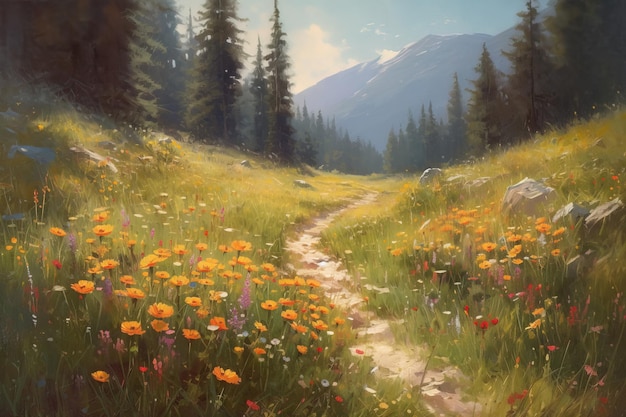 A painting of a path in a mountain landscape