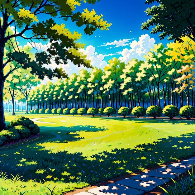 A painting of a path in a park with trees and a blue sky