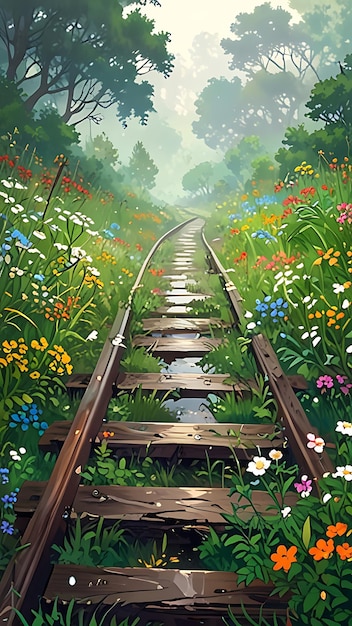 a painting of a path that has a wooden bridge in it