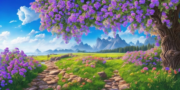 A painting of a path with flowers and mountains in the background.