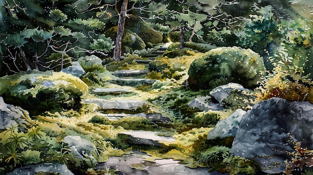 a painting of a path with moss and moss on it