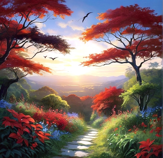 a painting of a path with a path leading to a forest