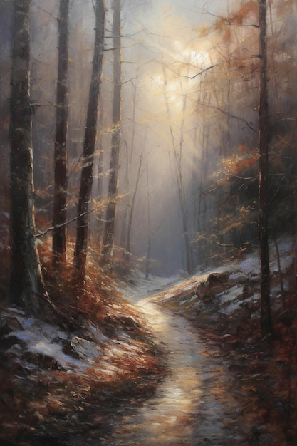 A painting of a path in the woods with the sun shining on it.