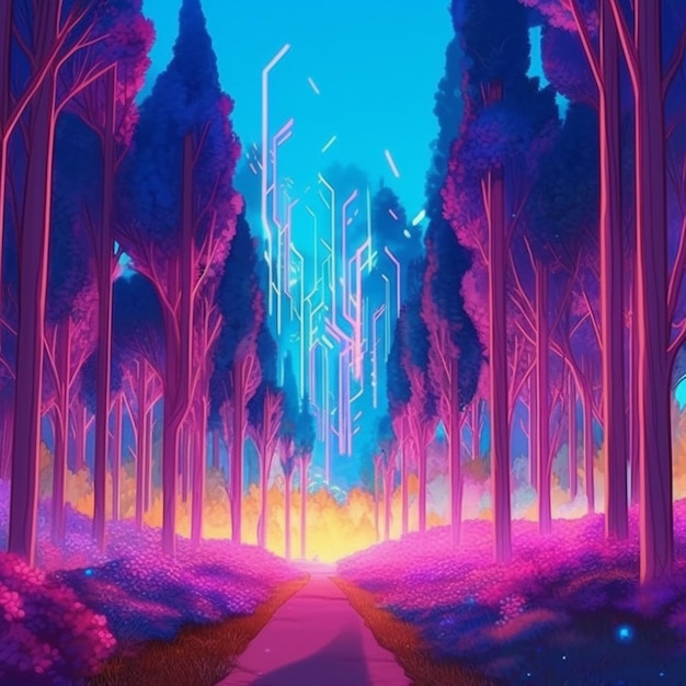 A painting of a pathway through a forest with trees and a bright light generative ai