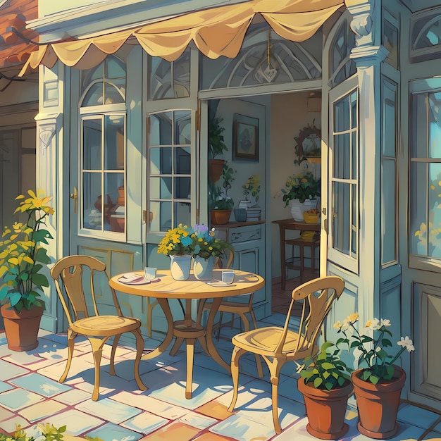 painting of a patio with a table and chairs and a yellow door