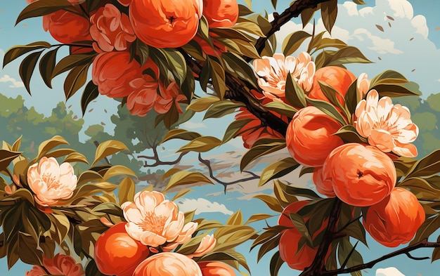 a painting of a peach tree with a flower on it