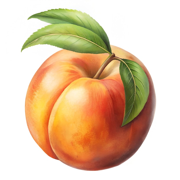 a painting of a peach with a green leaf