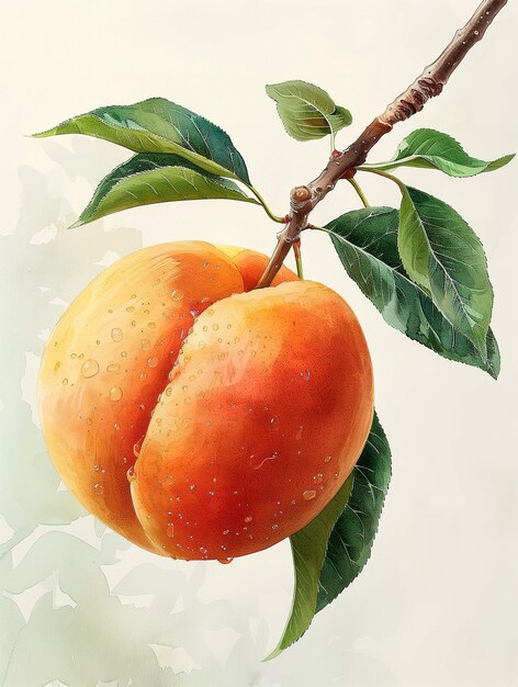 Photo a painting of a peach with a stem and leaves