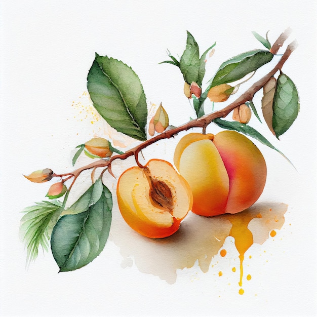 A painting of peaches on a branch with green leaves and the word peaches on it.