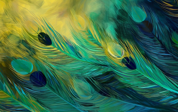 A painting of a peacock feather with blue and green feathers.