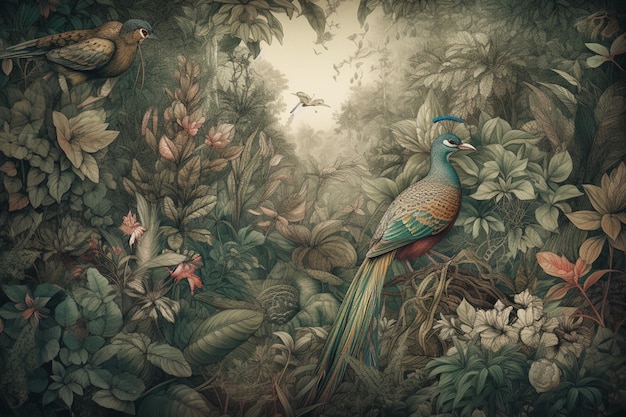 A painting of a peacock in a jungle with birds flying around.