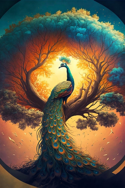 Painting of a peacock sitting on top of a tree generative ai