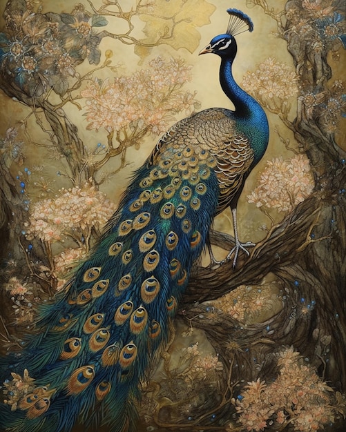 A painting of a peacock on a tree branch