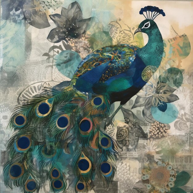 A painting of a peacock with blue and green feathers.