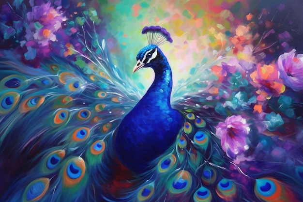 A painting of a peacock with a blue head and white markings.