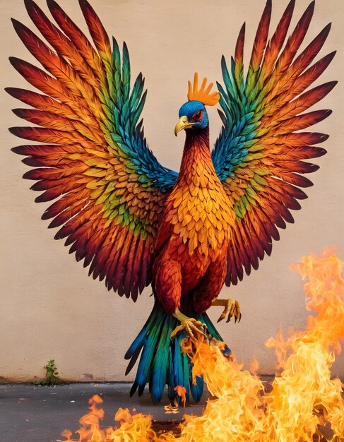 a painting of a peacock with a flaming torch in the background