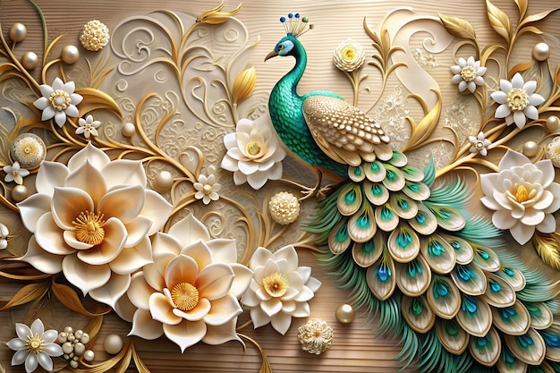 a painting of a peacock with flowers and a peacock