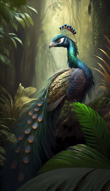 A painting of a peacock with green feathers and a blue tail.