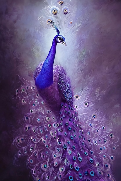 A painting of a peacock with a purple tail.