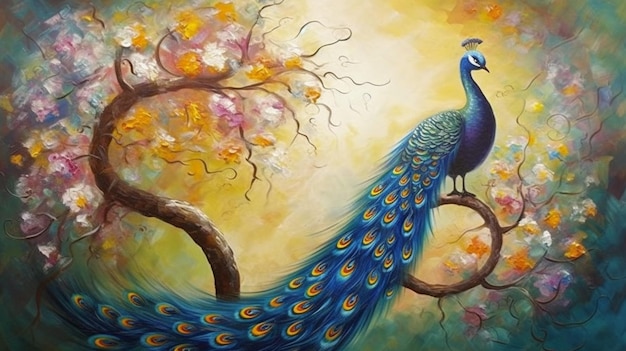 A painting of a peacock with a tree in the background