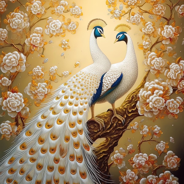 A painting of a peacock with a white tail and blue feathers.