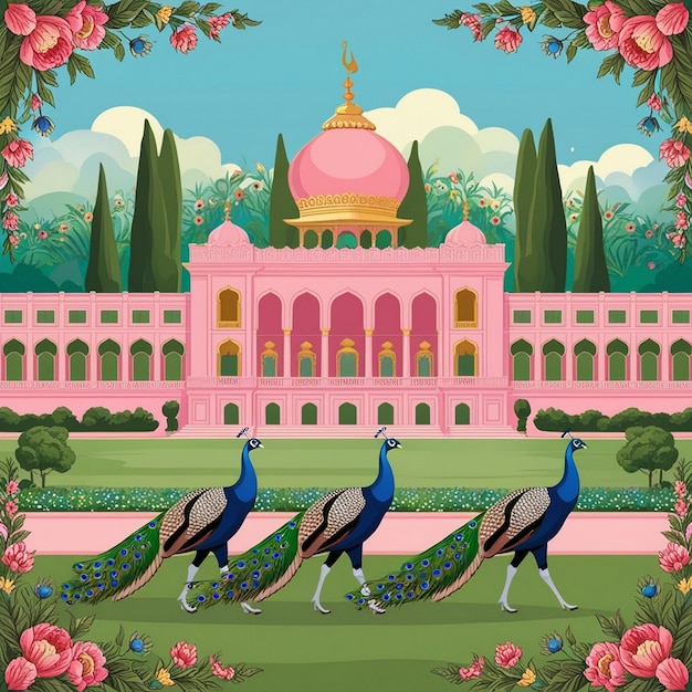 Photo a painting of peacocks in front of a pink building with flowers and a pink building in the backgroun