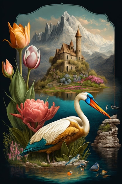 Painting of a pelican with a castle in the background generative ai