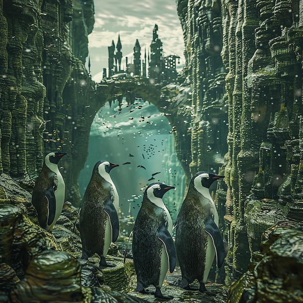 a painting of penguins in a cave with the word penguins on the bottom