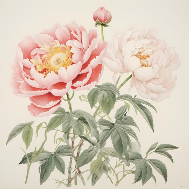 Photo a painting of peonies with pink and white flowers