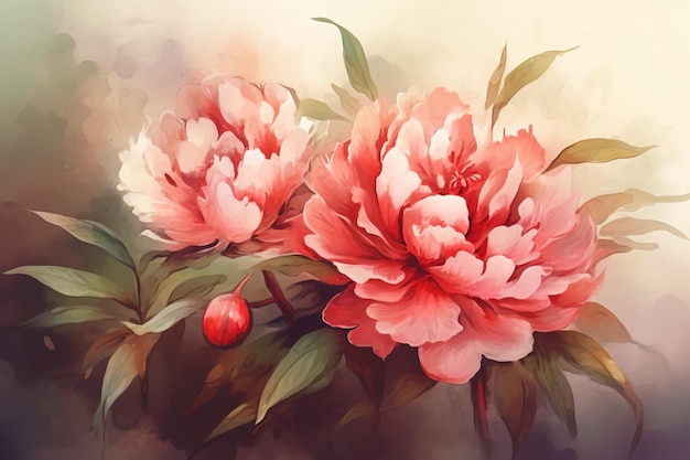 A painting of peonies with a red berry on the left.