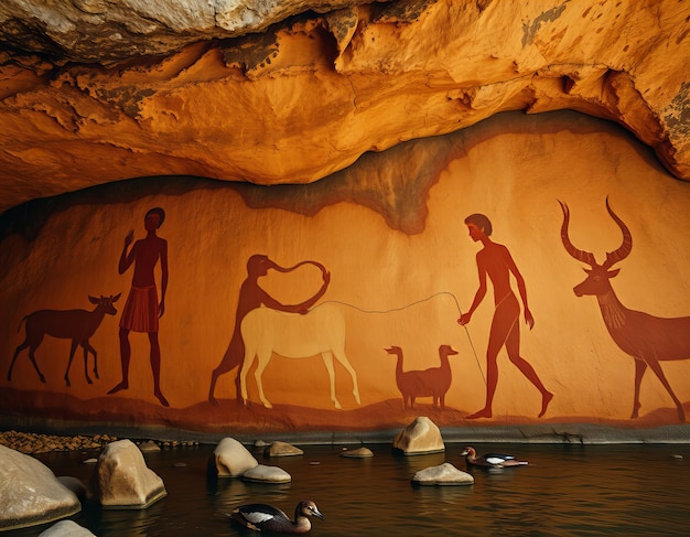 a painting of people and animals is painted on a wall