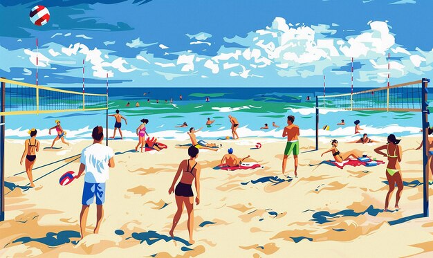 a painting of people on a beach with a beach scene