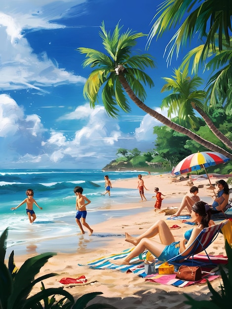 a painting of people at the beach with a beach umbrella