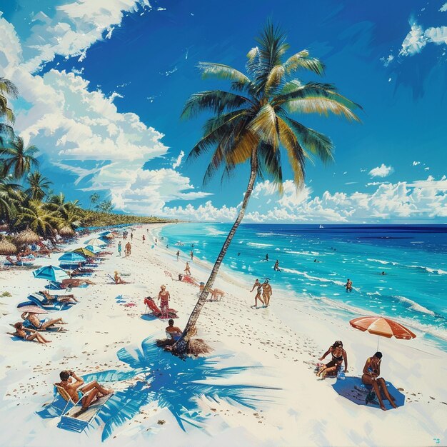 a painting of people on a beach with a palm tree in the background