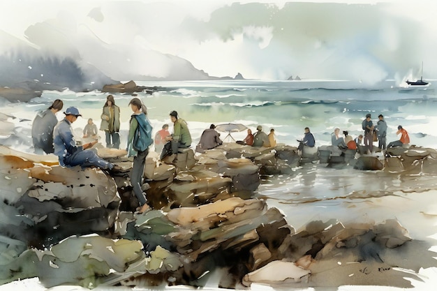 A painting of people on the beach with the water in the background