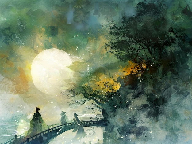 a painting of people on a bridge with a sun in the background