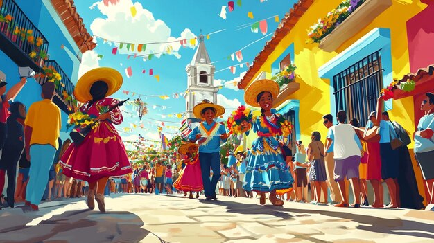 Photo a painting of people in colorful dresses and hats walking down a street