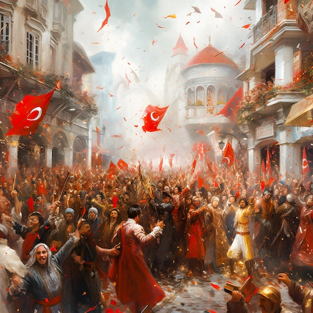 A painting of people in a crowd with a turkish flag on it